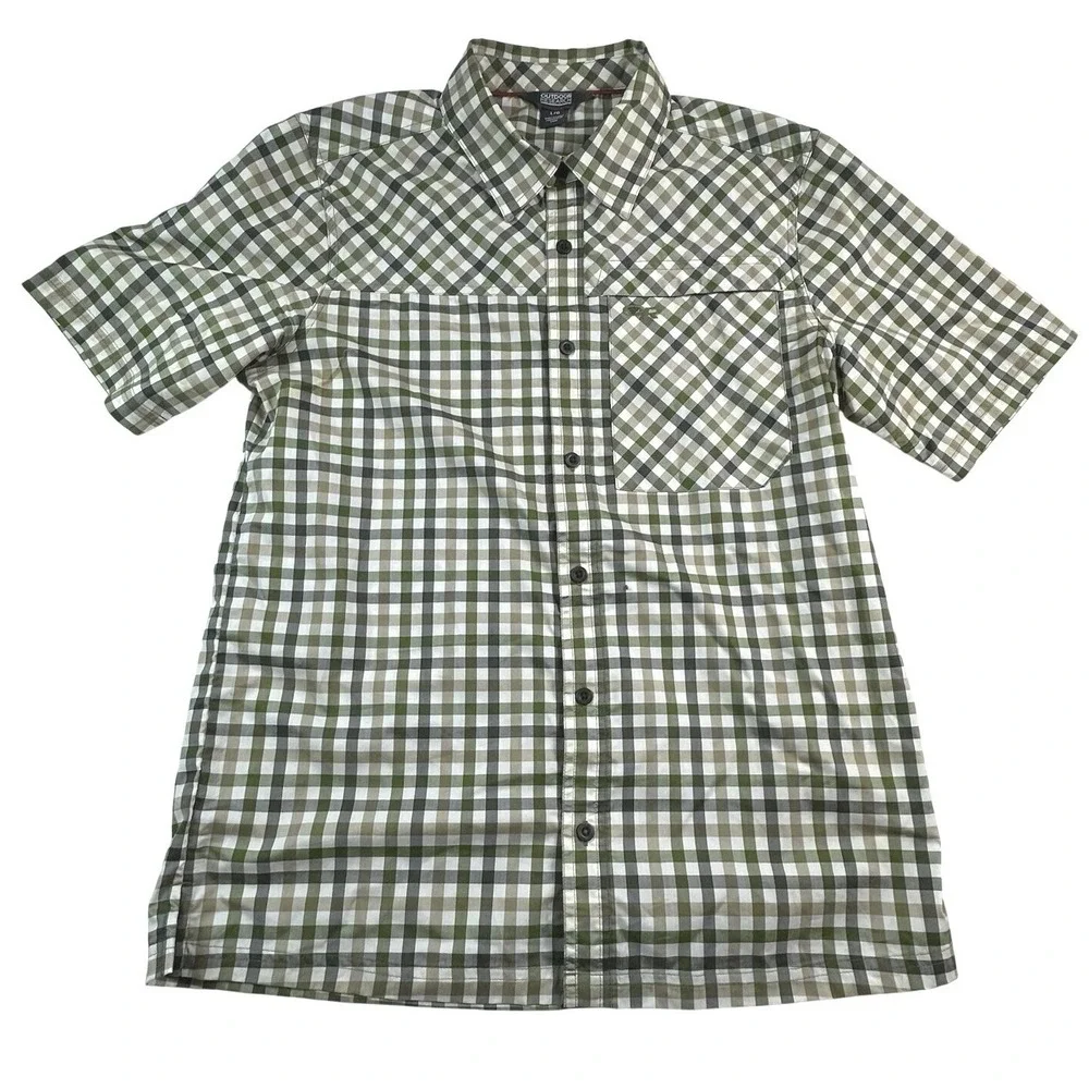 Outdoor Research Shirt‎ Mens Large Green Plaid DISCOVERY Short Sleeve Wool Blend
